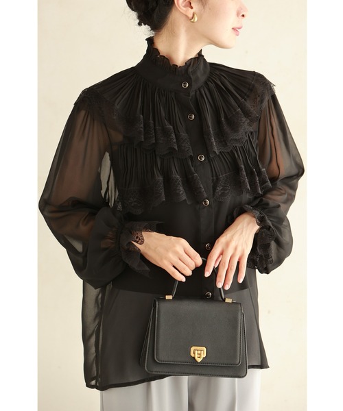 黒）シアー袖のクラシカルフリルブラウストップス（シャツ