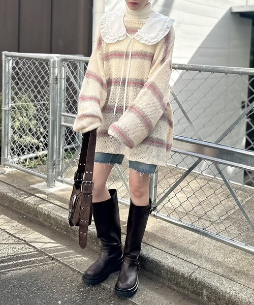 w closet(ダブルクローゼット)の「【3色展開】ボーダーBIGニットプルオーバー(ニット/セーター・レディース・アイボリー/ブルー/オレンジ・FREE)」の9枚目の写真