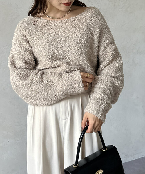 Thevon（ゼボン）の「リボンヤーンショートニット（ニット/セーター・レディース・ベージュ/ピンク/アイボリー/グレー・FREE）」の3枚目の写真