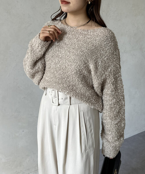 Thevon（ゼボン）の「リボンヤーンショートニット（ニット/セーター・レディース・ベージュ/ピンク/アイボリー/グレー・FREE）」の6枚目の写真