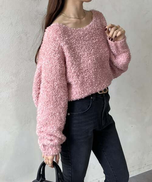 Thevon（ゼボン）の「リボンヤーンショートニット（ニット/セーター・レディース・ベージュ/ピンク/アイボリー/グレー・FREE）」の22枚目の写真