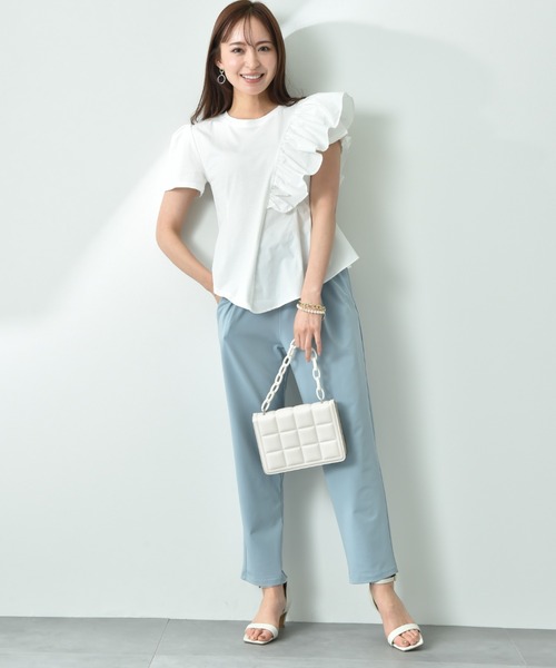 INTERPLANET（インタープラネット）の「異素材切替アシメフリルＴシャツ（Tシャツ/カットソー・レディース・オフホワイト/ブラック・FREE）」の3枚目の写真