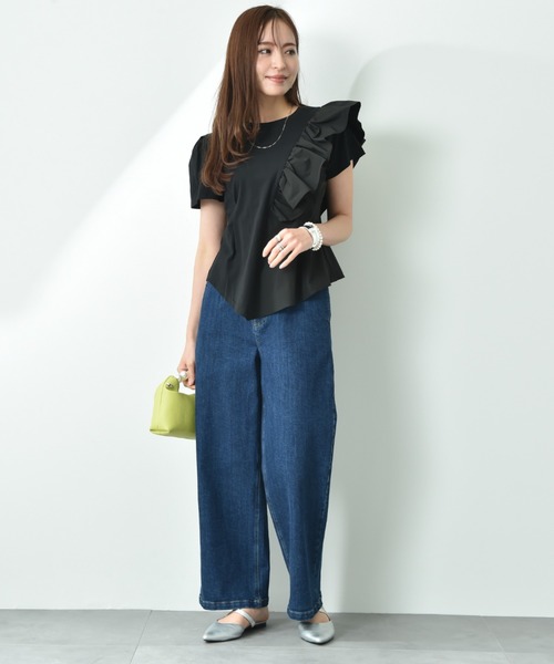 INTERPLANET（インタープラネット）の「異素材切替アシメフリルＴシャツ（Tシャツ/カットソー・レディース・オフホワイト/ブラック・FREE）」の18枚目の写真