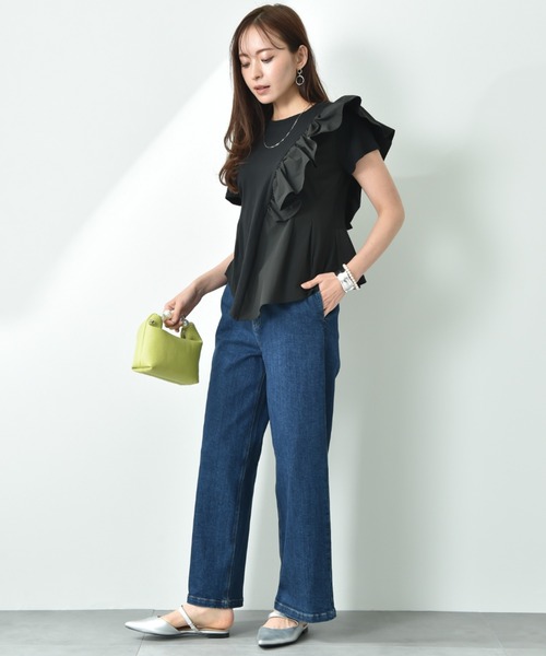 INTERPLANET（インタープラネット）の「異素材切替アシメフリルＴシャツ（Tシャツ/カットソー・レディース・オフホワイト/ブラック・FREE）」の19枚目の写真