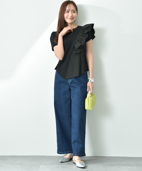 INTERPLANET（インタープラネット）の「異素材切替アシメフリルＴシャツ（Tシャツ/カットソー・レディース・オフホワイト/ブラック・FREE）」の14枚目の写真