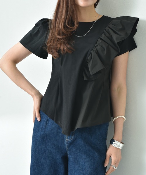 INTERPLANET（インタープラネット）の「異素材切替アシメフリルＴシャツ（Tシャツ/カットソー・レディース・オフホワイト/ブラック・FREE）」の9枚目の写真