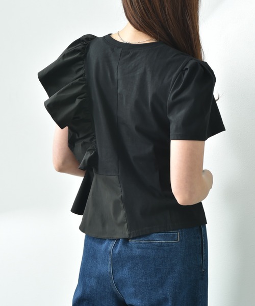 INTERPLANET（インタープラネット）の「異素材切替アシメフリルＴシャツ（Tシャツ/カットソー・レディース・オフホワイト/ブラック・FREE）」の11枚目の写真