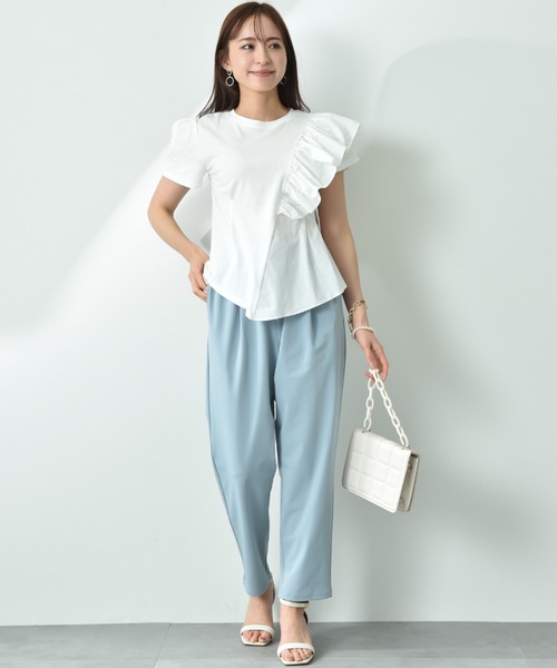 INTERPLANET（インタープラネット）の「異素材切替アシメフリルＴシャツ（Tシャツ/カットソー・レディース・オフホワイト/ブラック・FREE）」の7枚目の写真