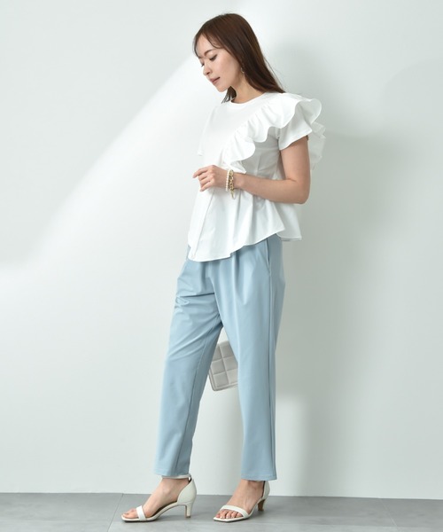 INTERPLANET（インタープラネット）の「異素材切替アシメフリルＴシャツ（Tシャツ/カットソー・レディース・オフホワイト/ブラック・FREE）」の8枚目の写真