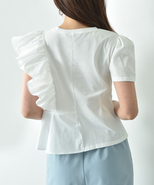 INTERPLANET（インタープラネット）の「異素材切替アシメフリルＴシャツ（Tシャツ/カットソー・レディース・オフホワイト/ブラック・FREE）」の5枚目の写真