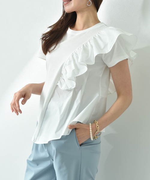 INTERPLANET（インタープラネット）の「異素材切替アシメフリルＴシャツ（Tシャツ/カットソー・レディース・オフホワイト/ブラック・FREE）」の6枚目の写真