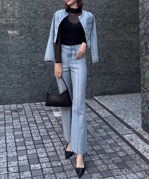 シアータートルレイヤードニットトップス(F CHARCOAL GREY