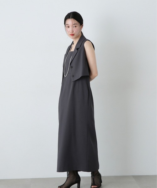 N.(N. Natural Beauty Basic)(エヌエヌナチュラルビューティーベーシック)の「テーラードジレ&キャミワンピースセット(ワンピース・レディース・チャコールグレー/ベージュ・MEDIUM/SMALL)」の3枚目の写真