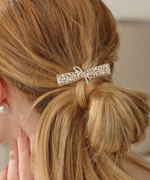 パールビジューリボンヘアクリップ（バレッタ/ヘアクリップ）｜ANOH