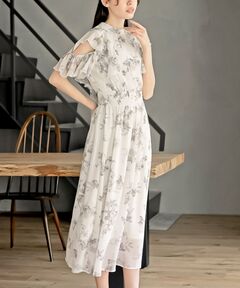 【かわいい⭐kaene】青　花柄　シアー　ワンピース　サイズ36 カワイイ CAWAII 透明感に揺らめく花のシアープリーツミディアム