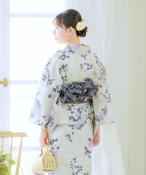 kimonomachi（キモノマチ）の「レディース セパレート浴衣 2点セット 浴衣　簡単　（二部式浴衣＋しわ兵児帯) Fサイズ　「糸菊に菊花紋・向日葵・雪輪に花の丸・秋草に虫かご」　KIMONOMACHI オリジナル（浴衣・レディース・ブラック/ブルーグレー/グレイッシュブルー/ネイビー/イエロー/ライトグレー/ブルーパープル/コーラルピンク・FREE）」の17枚目の写真