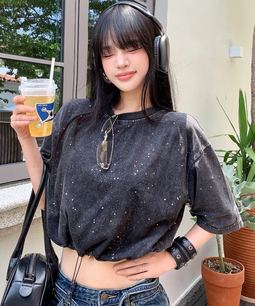 セール】ショート丈 ラメ ピグメントTシャツ（Tシャツ/カットソー