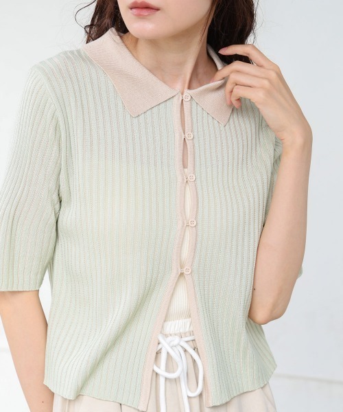 Bab（バブ）の「衿付き配色サマーニット（ニット/セーター・レディース・グリーン/アイボリー/ブラック・FREE）」の3枚目の写真