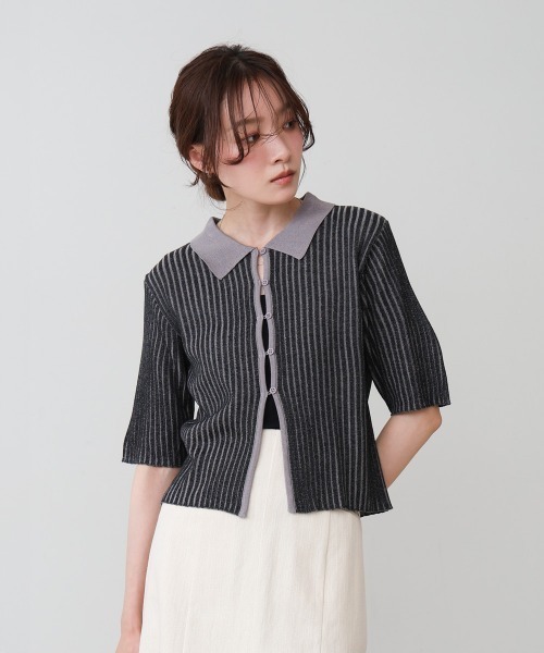 Bab（バブ）の「衿付き配色サマーニット（ニット/セーター・レディース・グリーン/アイボリー/ブラック・FREE）」の2枚目の写真