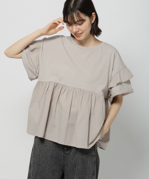 セール】フリル切り替えペプラムTシャツ（Tシャツ/カットソー