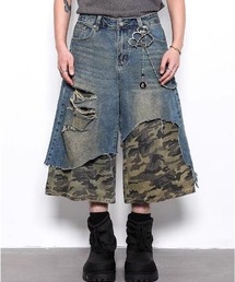GEMEDA | リメイク風ダメージデニム×迷彩レイヤードワイドパンツ(デニムパンツ)