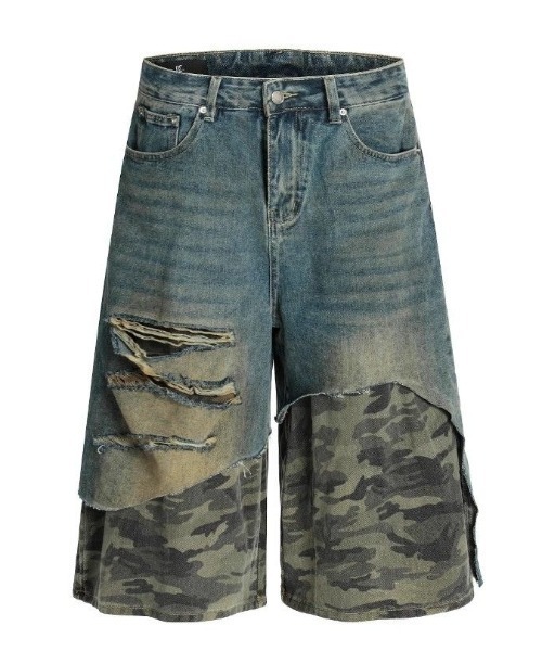 ★インディアン 迷彩柄 カーキ デニム MIX ダメージ リメイク シャツ★ ☆インディアン 迷彩柄 カーキ デニム MIX ダメージ リメイク