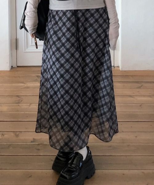 gossip!ロサンゼルス(ゴシップロサンゼルス)の「【Y2Kガーリー】ヴィンテージチェックシフォンロングスカート(スカート・レディース・ブラック/ブルー・L/M/S)」の10枚目の写真