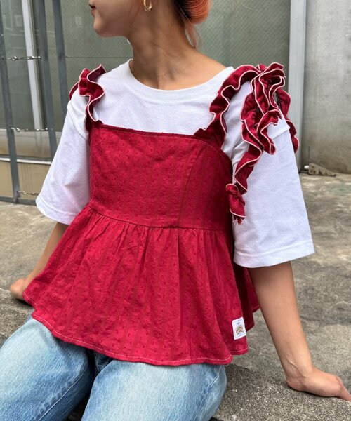 HELLO.SANFRANCISCO（ハローサンフランシスコ）の「【HELLO.SANFRANCISCO/ハローサンフランシスコ】ドビードットフリルキャミビスチェ（タンクトップ・レディース・レッド/ブラック/オレンジ・ONE SIZE）」の3枚目の写真