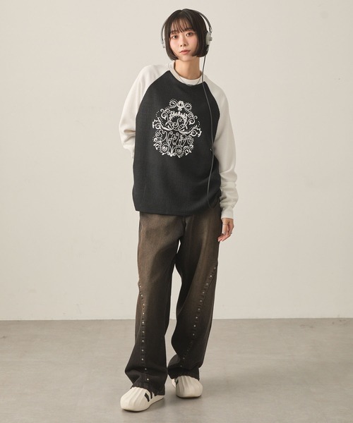 Snap club(スナップクラブ)の「【Snap club】グラフィックラインストーンワッフルラグランロンT(Tシャツ/カットソー・レディース・ホワイト系/ワイン/ブラック系/スミクロ・L/M)」の15枚目の写真