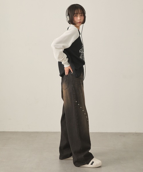 Snap club(スナップクラブ)の「【Snap club】グラフィックラインストーンワッフルラグランロンT(Tシャツ/カットソー・レディース・ホワイト系/ワイン/ブラック系/スミクロ・L/M)」の19枚目の写真