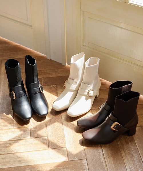 tocco closet（トッコ　クローゼット）の「ベルトデザインニットドッキングショートブーツ（ブーツ・レディース・ブラウン/ブラック/アイボリー・S/M/L）」の8枚目の写真