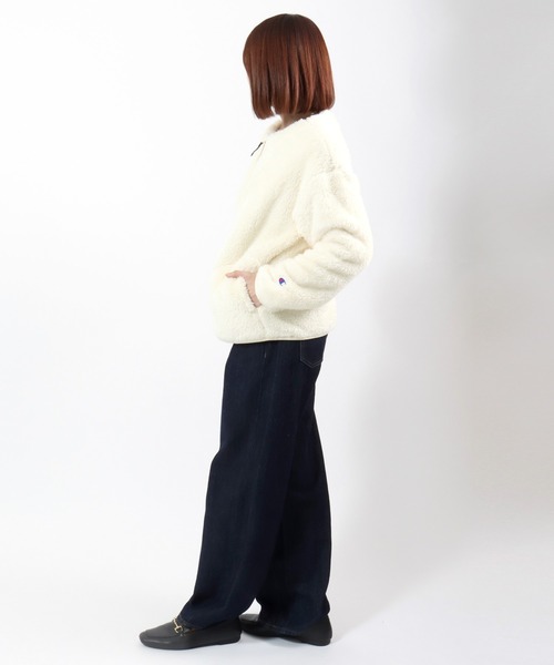 Champion(チャンピオン)の「Champion(チャンピオン)ワンポイントロゴ刺繍 シェルパフリースノーカラージャケット レディース/ボアブルゾン(ノーカラージャケット・レディース・ライトパープル/オフホワイト/ブラック・L/M)」の10枚目の写真