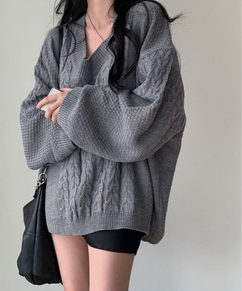 kirakiraShop(キラキラショップ)の「ゆるっと着て、こなれ感。Vネック オーバー サイズ ニット(ニット/セーター・レディース・ネイビー/クリーム/グレー・FREE)」の1枚目の写真