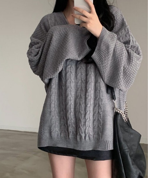 kirakiraShop(キラキラショップ)の「ゆるっと着て、こなれ感。Vネック オーバー サイズ ニット(ニット/セーター・レディース・ネイビー/クリーム/グレー・FREE)」の12枚目の写真
