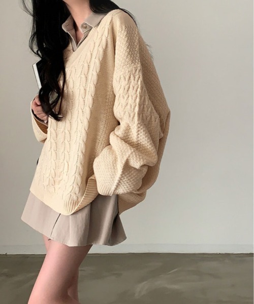 kirakiraShop(キラキラショップ)の「ゆるっと着て、こなれ感。Vネック オーバー サイズ ニット(ニット/セーター・レディース・ネイビー/クリーム/グレー・FREE)」の17枚目の写真