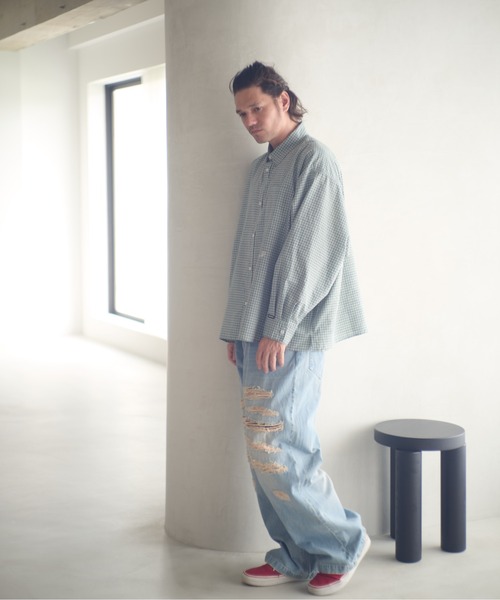 ADAM PATEK(アダムパテック)の「ADAMPATEK/small check wide shirt/スモールチェック刺繍入りワイドボックスシャツ(シャツ/ブラウス・メンズ・ブラック/グリーン・1/2)」の7枚目の写真