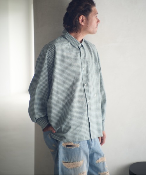 ADAM PATEK(アダムパテック)の「ADAMPATEK/small check wide shirt/スモールチェック刺繍入りワイドボックスシャツ(シャツ/ブラウス・メンズ・ブラック/グリーン・1/2)」の4枚目の写真