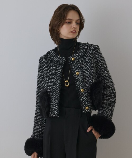 GRACE CONTINENTAL（グレースコンチネンタル）の「ツイードコンビジャケット（ノーカラージャケット・レディース・ブラック/キナリ・36/38）」の6枚目の写真