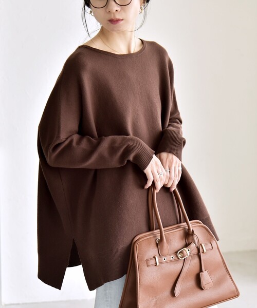 新品✨45R リネンコットンニット ゆったりプルオーバー 【ブラウン系】 新品✨45R リネンコットンニット ゆったりプルオーバー 【ブラウン系】