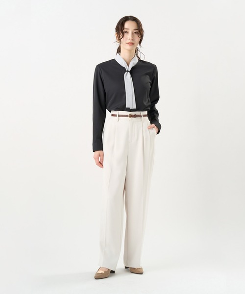 TOKYO SHIRTS(トウキョウシャツ)の「【吸水速乾】【COFREX】配色ボウタイブラウス 長袖 レディースデザインシャツ(シャツ/ブラウス・レディース・グレー・M/S/L/LL/XL)」の3枚目の写真