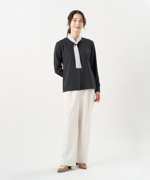 TOKYO SHIRTS(トウキョウシャツ)の「【吸水速乾】【COFREX】配色ボウタイブラウス 長袖 レディースデザインシャツ(シャツ/ブラウス・レディース・グレー・M/S/L/LL/XL)」の2枚目の写真