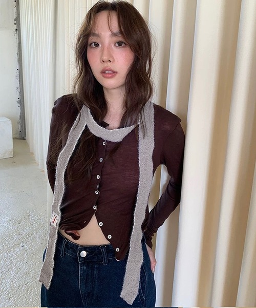 shopnikoniko（ショップニコニコ）の「スリムマフラー  ウェーブステッチ レースワッペン付き ニット マフラー（マフラー・レディース・ブラウン/ホワイト/ブラック/グレー・フリー）」の9枚目の写真