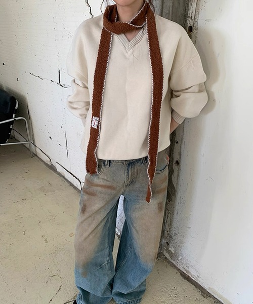 shopnikoniko（ショップニコニコ）の「スリムマフラー  ウェーブステッチ レースワッペン付き ニット マフラー（マフラー・レディース・ブラウン/ホワイト/ブラック/グレー・フリー）」の11枚目の写真