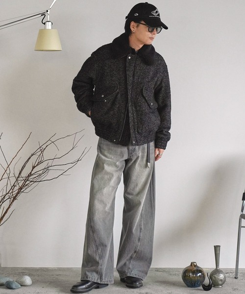 WYM LIDNM（ウィム バイ リドム）の「DETACHABLE BOA TWEED HERRINGBONE BLOUSON（ブルゾン・メンズ・グレー系/チャコール・S/M/L）」の5枚目の写真