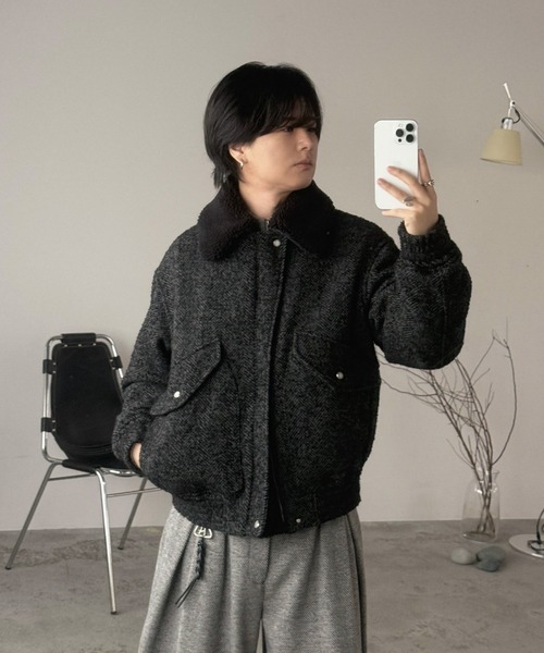 WYM LIDNM（ウィム バイ リドム）の「DETACHABLE BOA TWEED HERRINGBONE BLOUSON（ブルゾン・メンズ・グレー系/チャコール・S/M/L）」の6枚目の写真