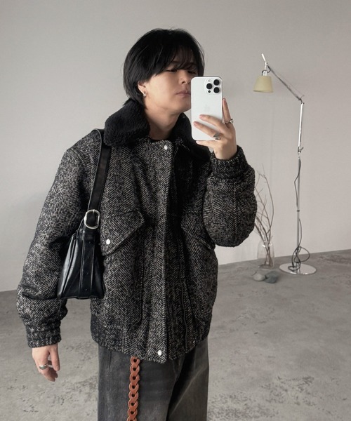 WYM LIDNM（ウィム バイ リドム）の「DETACHABLE BOA TWEED HERRINGBONE BLOUSON（ブルゾン・メンズ・グレー系/チャコール・S/M/L）」の20枚目の写真
