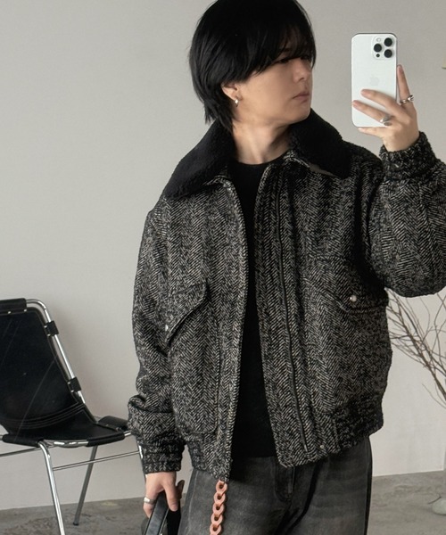 WYM LIDNM（ウィム バイ リドム）の「DETACHABLE BOA TWEED HERRINGBONE BLOUSON（ブルゾン・メンズ・グレー系/チャコール・S/M/L）」の16枚目の写真