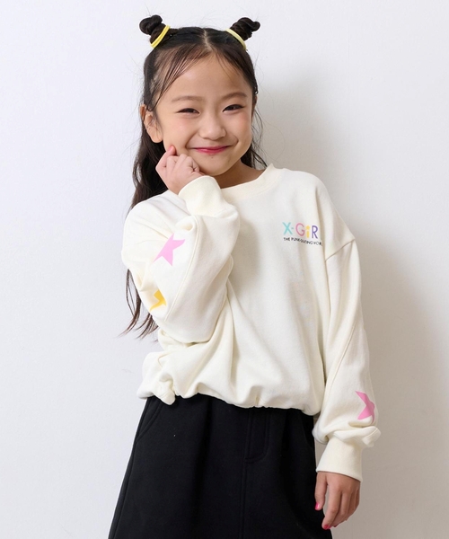 X-girl Stages（エックスガールステージス）の「カラフルバックロゴプリント 切替トレーナー（スウェット・キッズ・アイボリー/ブラック・120cm/140cm/90cm/100cm/110cm/130cm）」の2枚目の写真