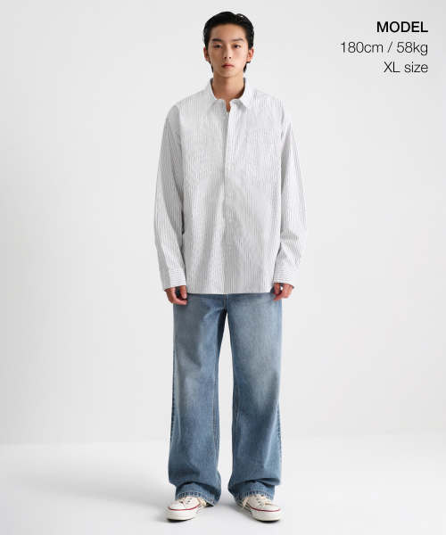 MUSINSA STANDARD（ムシンサスタンダード）の「リラックスドスリーピンストライプポプリンシャツ [アイボリー/ブラック]（シャツ/ブラウス・メンズ・その他・SMALL/MEDIUM/LARGE/X-LARGE/XX-LARGE）」の2枚目の写真