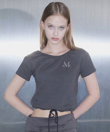 MUCENT（ムセント）の「Slope String Detail Crop Boat Neck Short Sleeve Tee (2 Colors)（Tシャツ/カットソー）」
